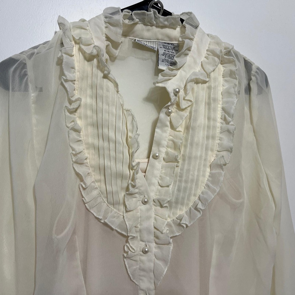 Vintage Womens Victorian Ivory Sheer Ruffle Top Size‎ M Pearl Buttons Ethereal - Picture 2 of 12